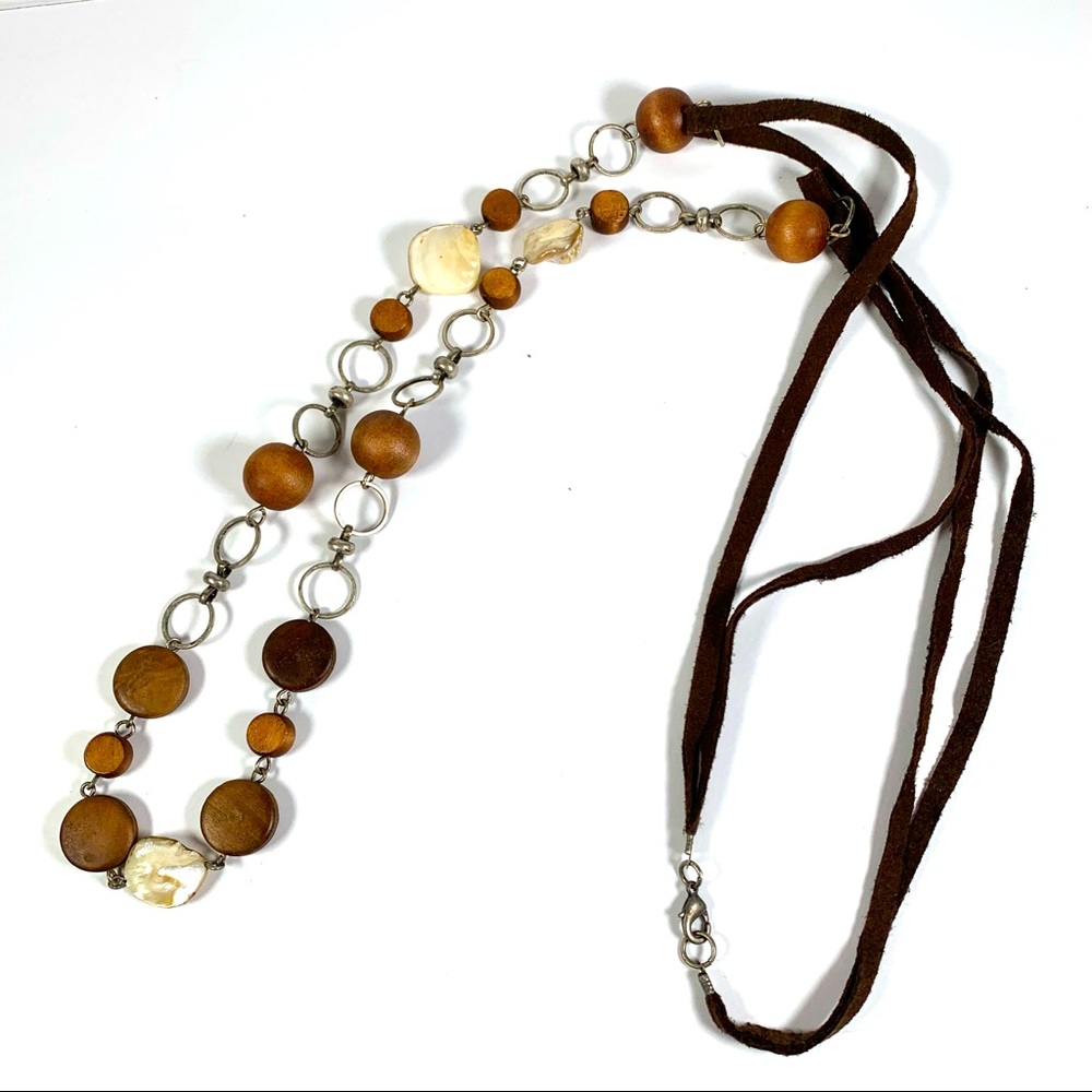 Suede necklace with wood and shell beads